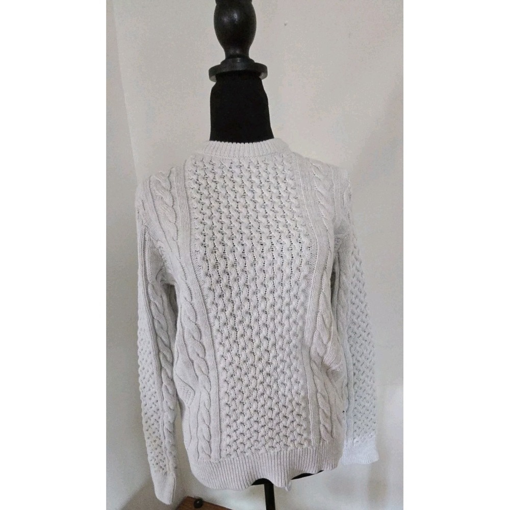 Lucky Brand & Co SZ M/M Knit Sweater White Gray Cream Ribbed Pullover Thick Top